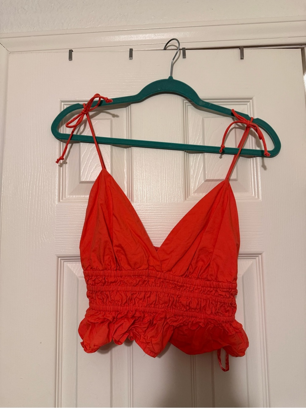 Tie-Shoulder Red Crop Top with Smocked Waist